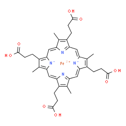 ChemSpider 2D Image | Iron(2+) 2,7,12,17-tetrakis(2-carboxyethyl)-3,8,13,18-tetramethylporphine-21,23-diide | C36H36FeN4O8