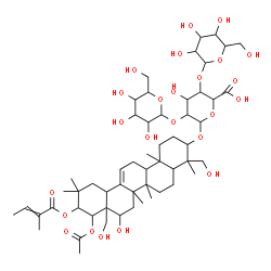 ChemSpider 2D Image | 22-Acetoxy-16,23,28-trihydroxy-21-[(2-methyl-2-butenoyl)oxy]olean-12-en-3-yl hexopyranosyl-(1->2)-[hexopyranosyl-(1->4)]hexopyranosiduronic acid | C55H86O24