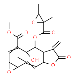 ChemSpider 2D Image | Methyl 5-{[(2,3-dimethyl-2-oxiranyl)carbonyl]oxy}-4-hydroxy-10-methyl-6-methylene-7-oxo-1a,4,5,5a,6,7,8a,10a-octahydrooxireno[7,8]cyclodeca[1,2-b]furan-3-carboxylate | C21H24O9