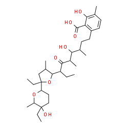 ChemSpider 2D Image | 1,4:5,9-Dianhydro-1-[9-(2-carboxy-3-hydroxy-4-methylphenyl)-6-hydroxy-5,7-dimethyl-4-oxononan-3-yl]-2,3,6,7-tetradeoxy-4-ethyl-8-C-ethyl-2,9-dimethylnonitol | C34H54O8