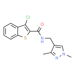 ChemSpider 2D Image | 3-Chloro-N-[(1,3-dimethyl-1H-pyrazol-4-yl)methyl]-1-benzothiophene-2-carboxamide | C15H14ClN3OS
