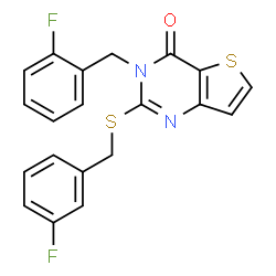 ChemSpider 2D Image | 3-(2-Fluorobenzyl)-2-[(3-fluorobenzyl)sulfanyl]thieno[3,2-d]pyrimidin-4(3H)-one | C20H14F2N2OS2