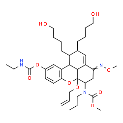 ChemSpider 2D Image | 6a-(Allyloxy)-1,2-bis(4-hydroxybutyl)-6-[(methoxycarbonyl)(propyl)amino]-4-(methoxyimino)-1,2,4,5,6,6a,11b,11c-octahydrobenzo[kl]xanthen-10-yl ethylcarbamate | C36H53N3O9