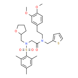 ChemSpider 2D Image | N-[2-(3,4-Dimethoxyphenyl)ethyl]-N~2~-(mesitylsulfonyl)-N~2~-(tetrahydro-2-furanylmethyl)-N-(2-thienylmethyl)glycinamide | C31H40N2O6S2
