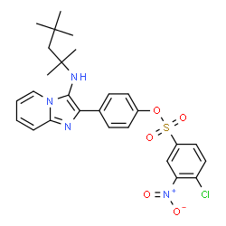 ChemSpider 2D Image | 4-{3-[(2,4,4-Trimethyl-2-pentanyl)amino]imidazo[1,2-a]pyridin-2-yl}phenyl 4-chloro-3-nitrobenzenesulfonate | C27H29ClN4O5S
