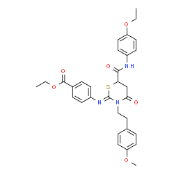 ChemSpider 2D Image | Ethyl 4-[(Z)-{6-[(4-ethoxyphenyl)carbamoyl]-3-[2-(4-methoxyphenyl)ethyl]-4-oxo-1,3-thiazinan-2-ylidene}amino]benzoate | C31H33N3O6S