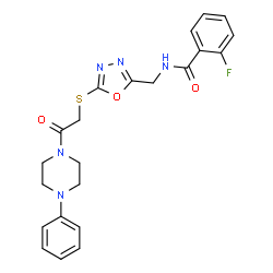 ChemSpider 2D Image | 2-Fluoro-N-[(5-{[2-oxo-2-(4-phenyl-1-piperazinyl)ethyl]sulfanyl}-1,3,4-oxadiazol-2-yl)methyl]benzamide | C22H22FN5O3S