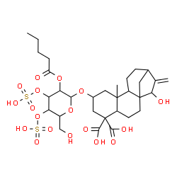 ChemSpider 2D Image | 15-Hydroxy-2-[(2-O-pentanoyl-3,4-di-O-sulfohexopyranosyl)oxy]kaur-16-ene-18,19-dioic acid | C31H46O18S2