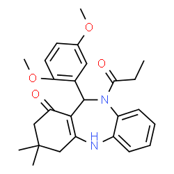 ChemSpider 2D Image | 11-(2,5-Dimethoxyphenyl)-3,3-dimethyl-10-propionyl-2,3,4,5,10,11-hexahydro-1H-dibenzo[b,e][1,4]diazepin-1-one | C26H30N2O4