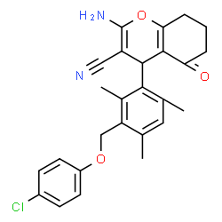 ChemSpider 2D Image | 2-Amino-4-{3-[(4-chlorophenoxy)methyl]-2,4,6-trimethylphenyl}-5-oxo-5,6,7,8-tetrahydro-4H-chromene-3-carbonitrile | C26H25ClN2O3