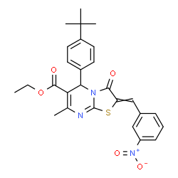 ChemSpider 2D Image | Ethyl 7-methyl-5-[4-(2-methyl-2-propanyl)phenyl]-2-(3-nitrobenzylidene)-3-oxo-2,3-dihydro-5H-[1,3]thiazolo[3,2-a]pyrimidine-6-carboxylate | C27H27N3O5S