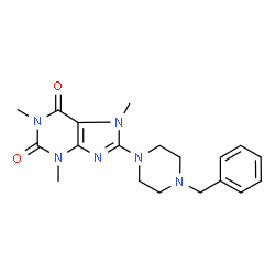 ChemSpider 2D Image | 8-(4-Benzyl-1-piperazinyl)-1,3,7-trimethyl-3,7-dihydro-1H-purine-2,6-dione | C19H24N6O2