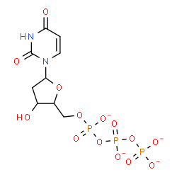 ChemSpider 2D Image | 1-[2-Deoxy-5-O-({[(phosphonatooxy)phosphinato]oxy}phosphinato)pentofuranosyl]-2,4(1H,3H)-pyrimidinedione | C9H11N2O14P3
