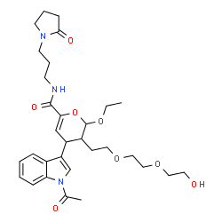 ChemSpider 2D Image | 4-(1-Acetyl-1H-indol-3-yl)-2-ethoxy-3-{2-[2-(2-hydroxyethoxy)ethoxy]ethyl}-N-[3-(2-oxo-1-pyrrolidinyl)propyl]-3,4-dihydro-2H-pyran-6-carboxamide | C31H43N3O8