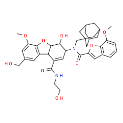 ChemSpider 2D Image | 3-{(Adamantan-1-ylmethyl)[(7-methoxy-1-benzofuran-2-yl)carbonyl]amino}-4-hydroxy-N-(2-hydroxyethyl)-8-(hydroxymethyl)-6-methoxy-3,4,4a,9b-tetrahydrodibenzo[b,d]furan-1-carboxamide | C38H44N2O9