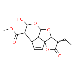 ChemSpider 2D Image | Methyl 3-ethylidene-6-hydroxy-2-oxo-3,3a,6,7,7a,9b-hexahydro-2H,4aH-1,4,5-trioxadicyclopenta[a,hi]indene-7-carboxylate | C15H16O7
