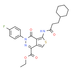 ChemSpider 2D Image | Ethyl 5-[(3-cyclohexylpropanoyl)amino]-3-(4-fluorophenyl)-4-oxo-3,4-dihydrothieno[3,4-d]pyridazine-1-carboxylate | C24H26FN3O4S