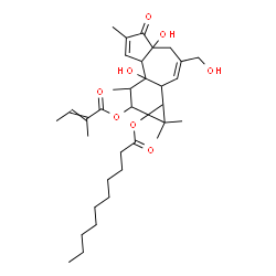 ChemSpider 2D Image | 4a,7b-Dihydroxy-3-(hydroxymethyl)-1,1,6,8-tetramethyl-9-[(2-methyl-2-butenoyl)oxy]-5-oxo-1,1a,1b,4,4a,5,7a,7b,8,9-decahydro-9aH-cyclopropa[3,4]benzo[1,2-e]azulen-9a-yl decanoate | C35H52O8