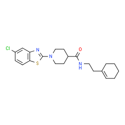 ChemSpider 2D Image | 1-(5-Chloro-1,3-benzothiazol-2-yl)-N-[2-(1-cyclohexen-1-yl)ethyl]-4-piperidinecarboxamide | C21H26ClN3OS