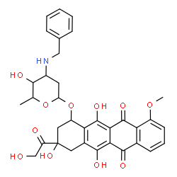 ChemSpider 2D Image | 3-Glycoloyl-3,5,12-trihydroxy-10-methoxy-6,11-dioxo-1,2,3,4,6,11-hexahydro-1-tetracenyl 3-(benzylamino)-2,3,6-trideoxyhexopyranoside | C34H35NO11
