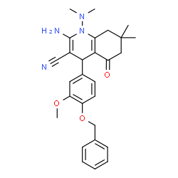 ChemSpider 2D Image | 2-Amino-4-[4-(benzyloxy)-3-methoxyphenyl]-1-(dimethylamino)-7,7-dimethyl-5-oxo-1,4,5,6,7,8-hexahydro-3-quinolinecarbonitrile | C28H32N4O3