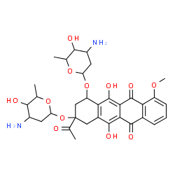 ChemSpider 2D Image | 2-Acetyl-4-[(3-amino-2,3,6-trideoxyhexopyranosyl)oxy]-5,12-dihydroxy-7-methoxy-6,11-dioxo-1,2,3,4,6,11-hexahydro-2-tetracenyl 3-amino-2,3,6-trideoxyhexopyranoside | C33H40N2O12