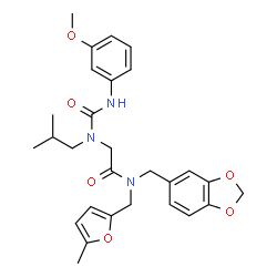 ChemSpider 2D Image | N-(1,3-Benzodioxol-5-ylmethyl)-N~2~-isobutyl-N~2~-[(3-methoxyphenyl)carbamoyl]-N-[(5-methyl-2-furyl)methyl]glycinamide | C28H33N3O6
