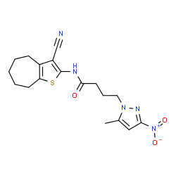 ChemSpider 2D Image | N-(3-Cyano-5,6,7,8-tetrahydro-4H-cyclohepta[b]thiophen-2-yl)-4-(5-methyl-3-nitro-1H-pyrazol-1-yl)butanamide | C18H21N5O3S