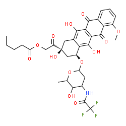ChemSpider 2D Image | 2-Oxo-2-[(2S,4S)-2,5,12-trihydroxy-7-methoxy-6,11-dioxo-4-({2,3,6-trideoxy-3-[(trifluoroacetyl)amino]hexopyranosyl}oxy)-1,2,3,4,6,11-hexahydro-2-tetracenyl]ethyl valerate | C34H36F3NO13