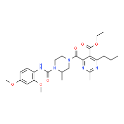 ChemSpider 2D Image | Ethyl 4-({4-[(2,4-dimethoxyphenyl)carbamoyl]-3-methyl-1-piperazinyl}carbonyl)-2-methyl-6-propyl-5-pyrimidinecarboxylate | C26H35N5O6