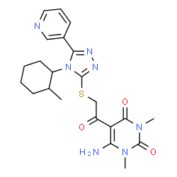 ChemSpider 2D Image | 6-Amino-1,3-dimethyl-5-({[4-(2-methylcyclohexyl)-5-(3-pyridinyl)-4H-1,2,4-triazol-3-yl]sulfanyl}acetyl)-2,4(1H,3H)-pyrimidinedione | C22H27N7O3S