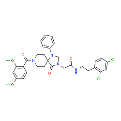 ChemSpider 2D Image | N-[2-(2,4-Dichlorophenyl)ethyl]-2-[8-(2,4-dimethoxybenzoyl)-4-oxo-1-phenyl-1,3,8-triazaspiro[4.5]dec-3-yl]acetamide | C32H34Cl2N4O5