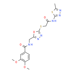 ChemSpider 2D Image | 3,4-Dimethoxy-N-{[5-({2-[(5-methyl-1,3,4-thiadiazol-2-yl)amino]-2-oxoethyl}sulfanyl)-1,3,4-oxadiazol-2-yl]methyl}benzamide | C17H18N6O5S2