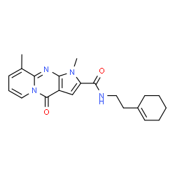 ChemSpider 2D Image | N-[2-(1-Cyclohexen-1-yl)ethyl]-1,9-dimethyl-4-oxo-1,4-dihydropyrido[1,2-a]pyrrolo[2,3-d]pyrimidine-2-carboxamide | C21H24N4O2