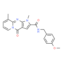 ChemSpider 2D Image | N-(4-Methoxybenzyl)-1,9-dimethyl-4-oxo-1,4-dihydropyrido[1,2-a]pyrrolo[2,3-d]pyrimidine-2-carboxamide | C21H20N4O3