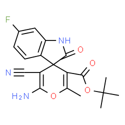 ChemSpider 2D Image | 2-Methyl-2-propanyl 6'-amino-5'-cyano-6-fluoro-2'-methyl-2-oxo-1,2-dihydrospiro[indole-3,4'-pyran]-3'-carboxylate | C19H18FN3O4