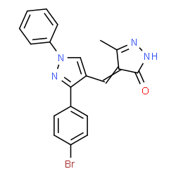 ChemSpider 2D Image | 4-{[3-(4-Bromophenyl)-1-phenyl-1H-pyrazol-4-yl]methylene}-5-methyl-2,4-dihydro-3H-pyrazol-3-one | C20H15BrN4O