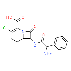 ChemSpider 2D Image | 7-{[Amino(phenyl)acetyl]amino}-3-chloro-8-oxo-1-azabicyclo[4.2.0]oct-2-ene-2-carboxylic acid | C16H16ClN3O4