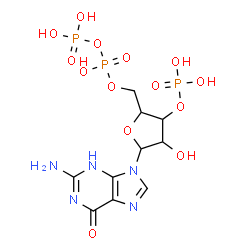 ChemSpider 2D Image | 2-Amino-9-{5-O-[hydroxy(phosphonooxy)phosphoryl]-3-O-phosphonopentofuranosyl}-3,9-dihydro-6H-purin-6-one | C10H16N5O14P3