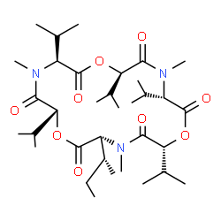 ChemSpider 2D Image | (3R,6R,9S,12R,15S,18R)-3-[(2R)-2-Butanyl]-6,9,12,15,18-pentaisopropyl-4,10,16-trimethyl-1,7,13-trioxa-4,10,16-triazacyclooctadecane-2,5,8,11,14,17-hexone | C34H59N3O9