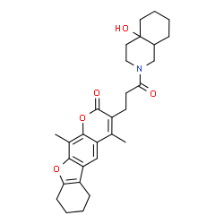 ChemSpider 2D Image | 3-[3-(4a-Hydroxyoctahydro-2(1H)-isoquinolinyl)-3-oxopropyl]-4,11-dimethyl-6,7,8,9-tetrahydro-2H-[1]benzofuro[3,2-g]chromen-2-one | C29H35NO5
