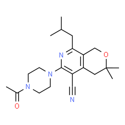 ChemSpider 2D Image | 6-(4-Acetyl-1-piperazinyl)-8-isobutyl-3,3-dimethyl-3,4-dihydro-1H-pyrano[3,4-c]pyridine-5-carbonitrile | C21H30N4O2