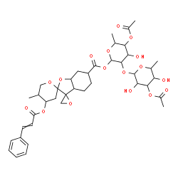 ChemSpider 2D Image | 4-O-Acetyl-2-O-(3-O-acetyl-6-deoxyhexopyranosyl)-1-O-{[4''-(cinnamoyloxy)-5''-methyldecahydrodispiro[oxirane-2,3'-[1]benzofuran-2',2''-pyran]-6'-yl]carbonyl}-6-deoxyhexopyranose | C40H52O17