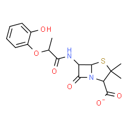 ChemSpider 2D Image | 6-{[2-(2-Hydroxyphenoxy)propanoyl]amino}-3,3-dimethyl-7-oxo-4-thia-1-azabicyclo[3.2.0]heptane-2-carboxylate | C17H19N2O6S