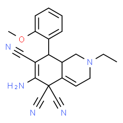 ChemSpider 2D Image | 6-Amino-2-ethyl-8-(2-methoxyphenyl)-2,3,8,8a-tetrahydro-5,5,7(1H)-isoquinolinetricarbonitrile | C21H21N5O