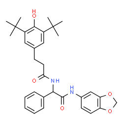ChemSpider 2D Image | N-[2-(1,3-Benzodioxol-5-ylamino)-2-oxo-1-phenylethyl]-3-[4-hydroxy-3,5-bis(2-methyl-2-propanyl)phenyl]propanamide | C32H38N2O5