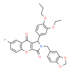ChemSpider 2D Image | 2-(1,3-Benzodioxol-5-ylmethyl)-1-(3-ethoxy-4-propoxyphenyl)-7-fluoro-1,2-dihydrochromeno[2,3-c]pyrrole-3,9-dione | C30H26FNO7