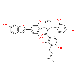 ChemSpider 2D Image | {2-[2,6-Dihydroxy-4-(6-hydroxy-1-benzofuran-2-yl)phenyl]-6-(2,4-dihydroxyphenyl)-4-methyl-3-cyclohexen-1-yl}[2,4-dihydroxy-3-(3-methyl-2-buten-1-yl)phenyl]methanone | C39H36O9