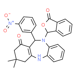 ChemSpider 2D Image | 3,3-Dimethyl-11-(3-nitrophenyl)-10-(3-oxo-1,3-dihydro-2-benzofuran-1-yl)-2,3,4,5,10,11-hexahydro-1H-dibenzo[b,e][1,4]diazepin-1-one | C29H25N3O5