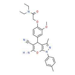 ChemSpider 2D Image | 2-{4-[6-Amino-5-cyano-3-methyl-1-(4-methylphenyl)-1,4-dihydropyrano[2,3-c]pyrazol-4-yl]-2-methoxyphenoxy}-N,N-diethylacetamide | C28H31N5O4